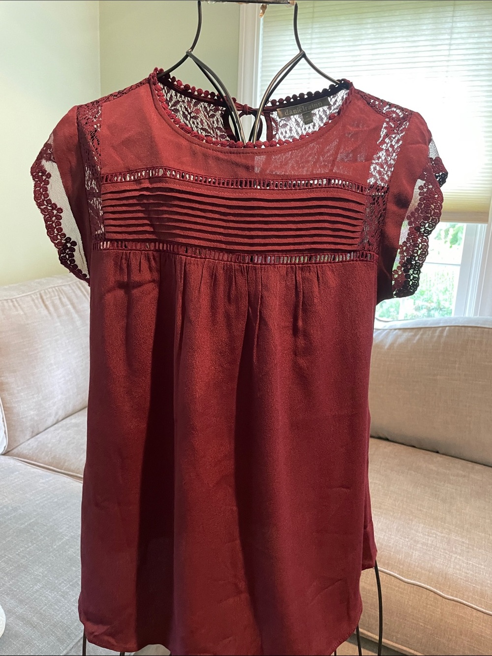 Daniel Rainn Burgundy Lace Yoke Pintuck Top